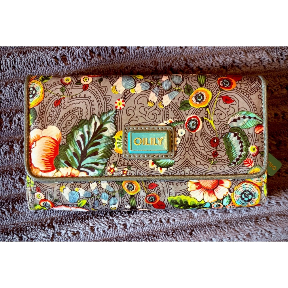 Oilily Floral Paisley Trifold Wallet Grey Multicolor Card Holder Organizer